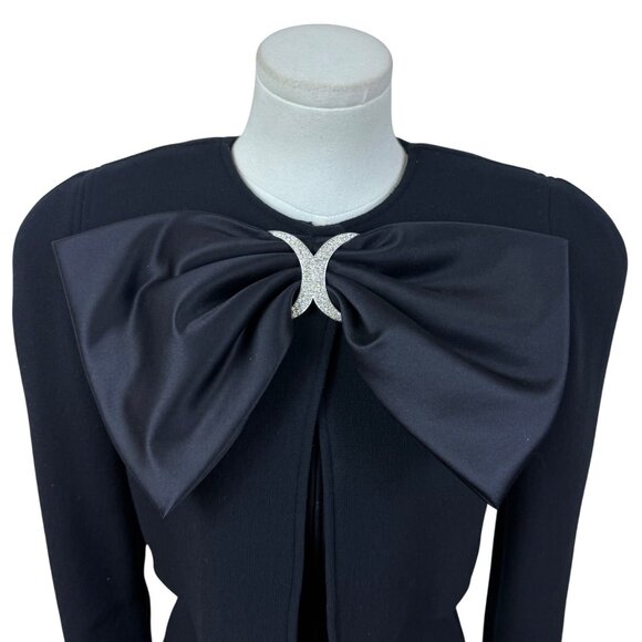 Vintage Oscar De La Renta  Black Satin Bow Long Sleeve Cocktail Dress Size 4 - Picture 2 of 7